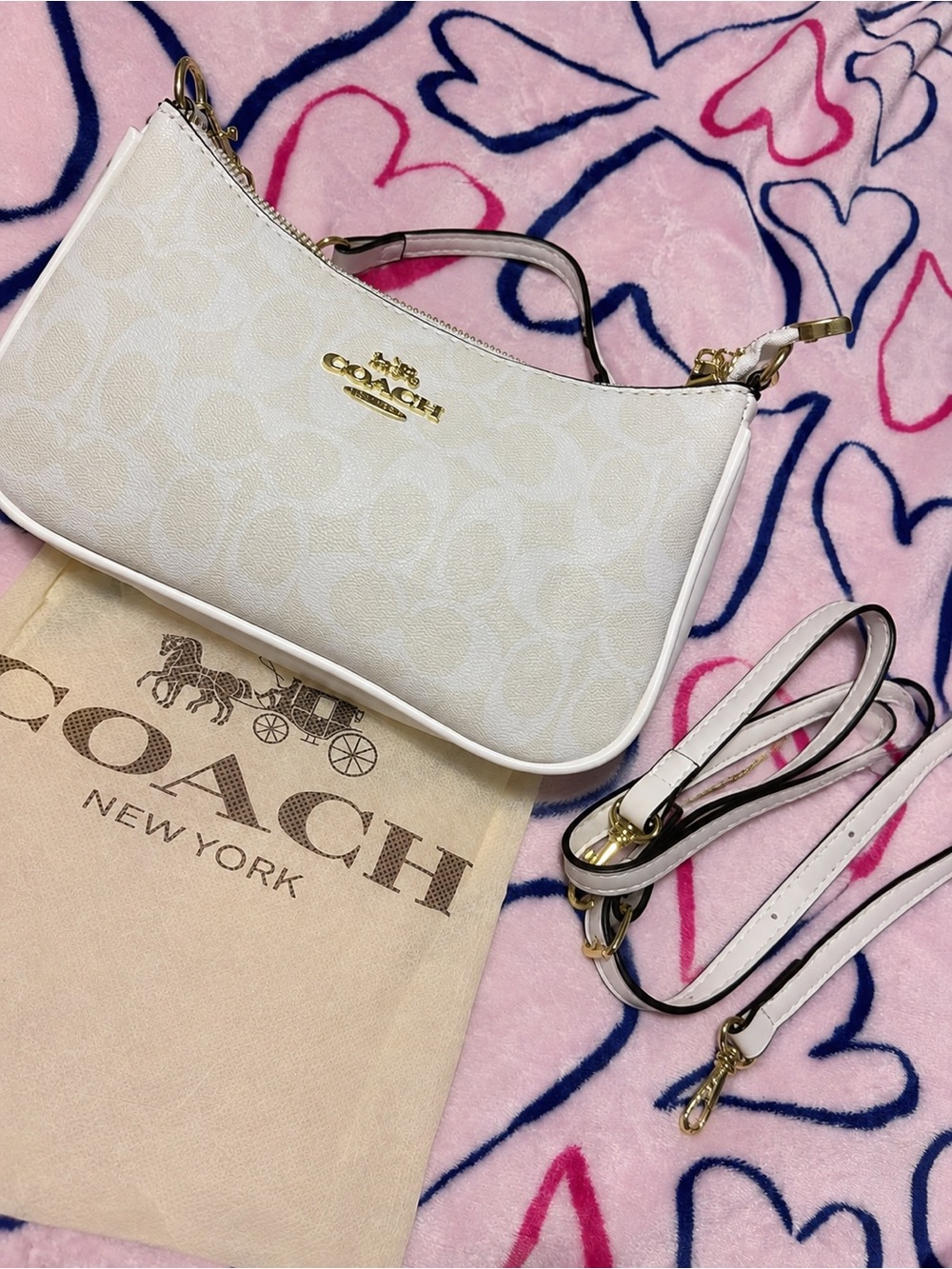 Coach Cream Signature Canvas Shoulder Bag with Gold Hardware
